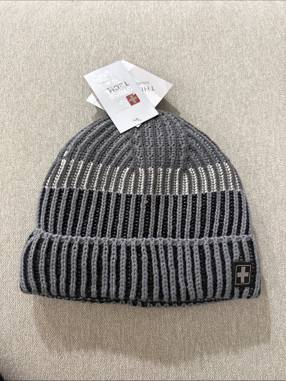 Swiss Tech Gray and Black Ribbed Knit Beanie Sz S/M